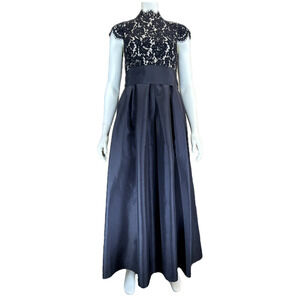 Eliza J Black Dress Size 6P Beaded Bodice Taffeta Gown Cap Sleeves Lace Formal